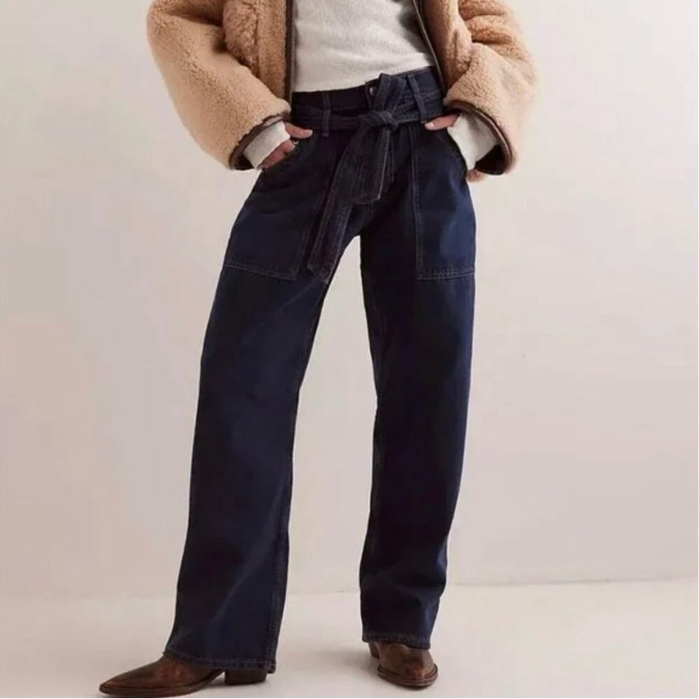 We The Free Blue Flare Wide Leg Jeans with Paper-Bag Waist